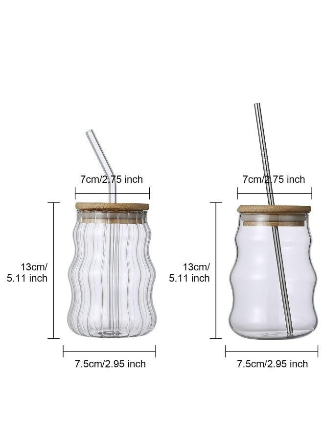 Set of 2 Stylish Vintage Wave Shaped 17oz Drinking Glasses with Lids  Straws - Ideal for Ice Coffee, Juice  Beverages, Durable Ribbed Glassware - Image 5